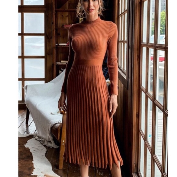 Classic ribbed knit mock neck sweater dress Work - Picture 11 of 13